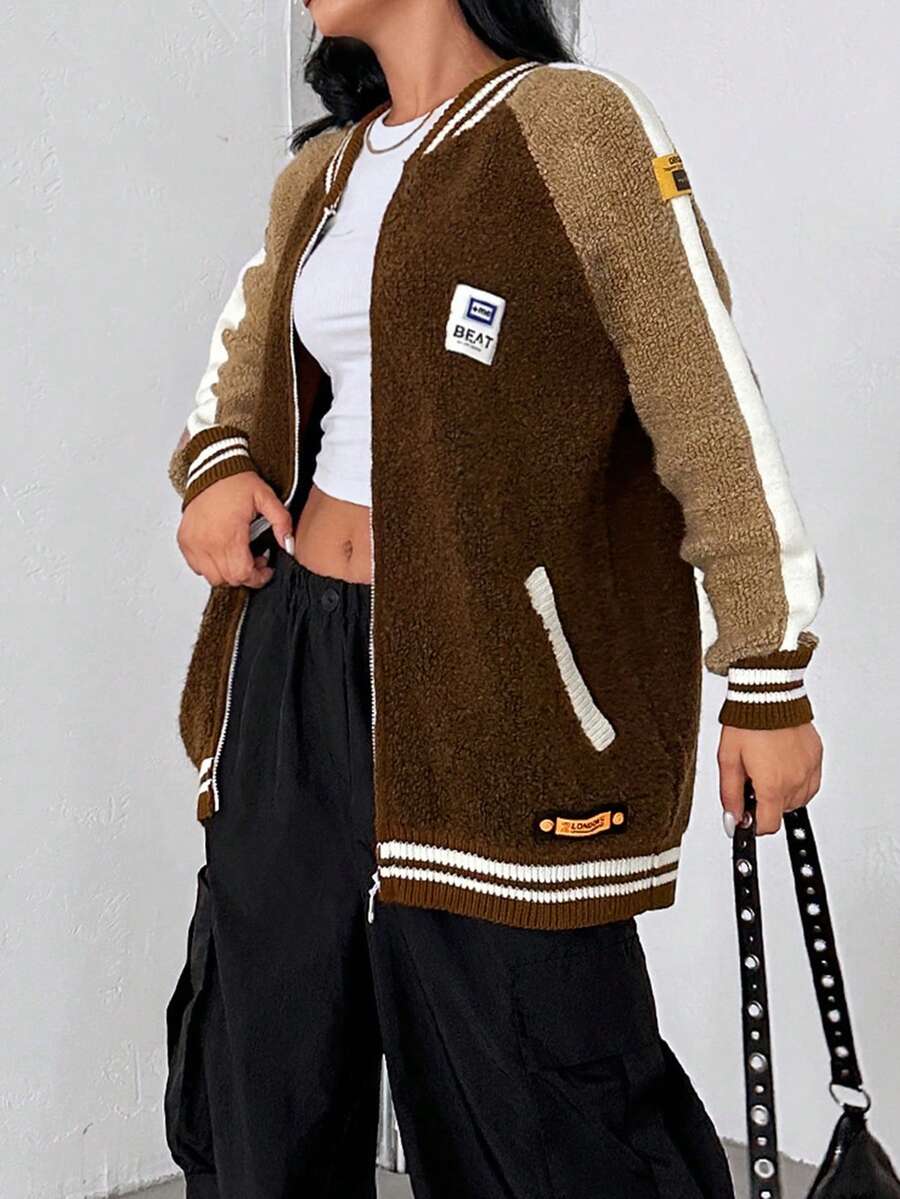 EURMUSE 女士字母拼接拉鍊棒球外套 - 棕色 - 查看 1