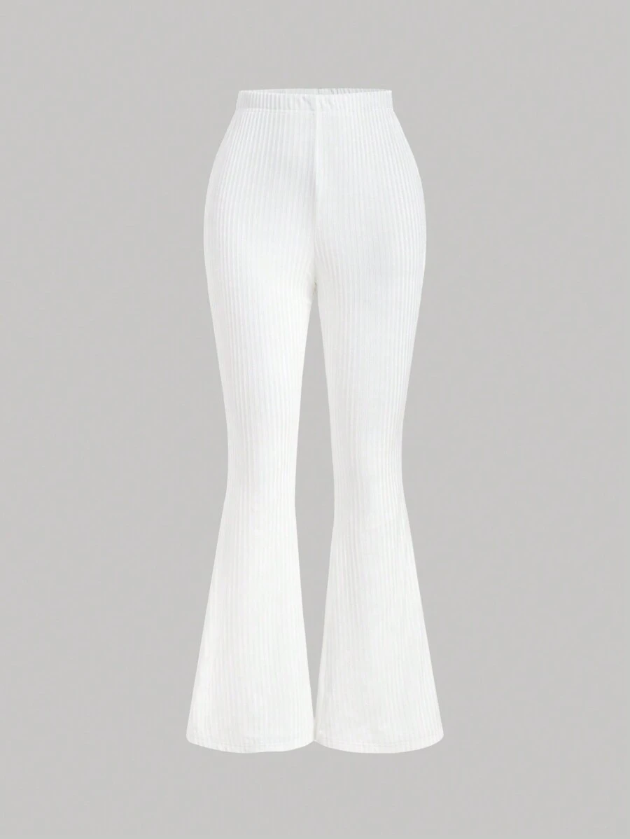 SHEIN MOD Women's Solid Color Ribbed Flared Pants - White - View 1