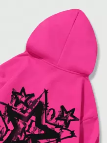 ROMWE MEN Street Life 男士街头风格五角星印花羊毛连帽衫，适合春秋冬季日常穿着、上学 - 玫紅色 - 查看 7