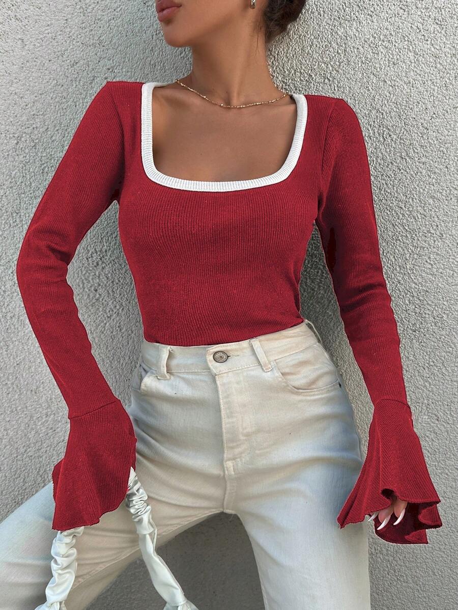 EURMUSE Contrasting Trim Bell Sleeve Ribbed Knit T-shirt - Red - View 1
