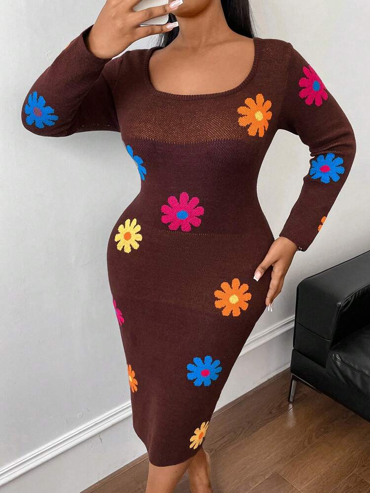Women's Plus Size Floral Patterned Sweater Dress With Large Round Neckline Fall Cloth For Women