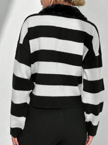 EURMUSE Cardigan Décontracté Ample À Encolure En V À Boutonnage Métallique À Manches Longues - Noir et Blanc - Voir 2
