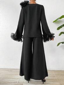 Chiquease 純色3d花裝飾上衣寬腳褲套裝 - 黑色 - 查看 3