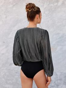 Zolique Wrap Neckline Lantern Sleeve Ruffle Bodysuit - Grey - View 2