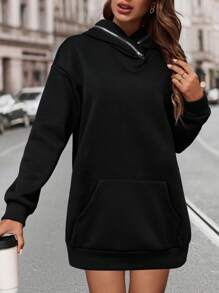 SHEIN LUNE Của phụ nữ Màu thuần Thả vai & Dây kéo Thiết kế Hoodie - màu đen - Xem 1