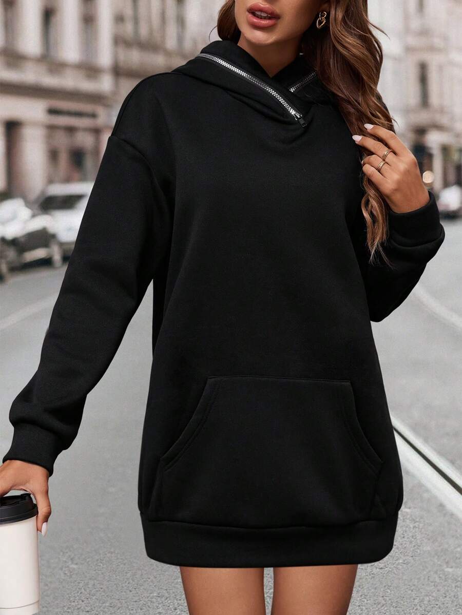 SHEIN LUNE Của phụ nữ Màu thuần Thả vai & Dây kéo Thiết kế Hoodie - màu đen - Xem 1