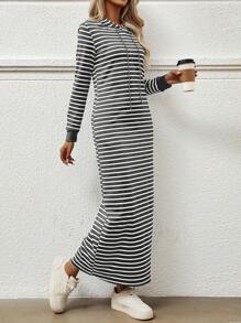 SHEIN Essnce Của phụ nữ Sọc Dây rút Váy Hoodie - Màu xám đen - Xem 1