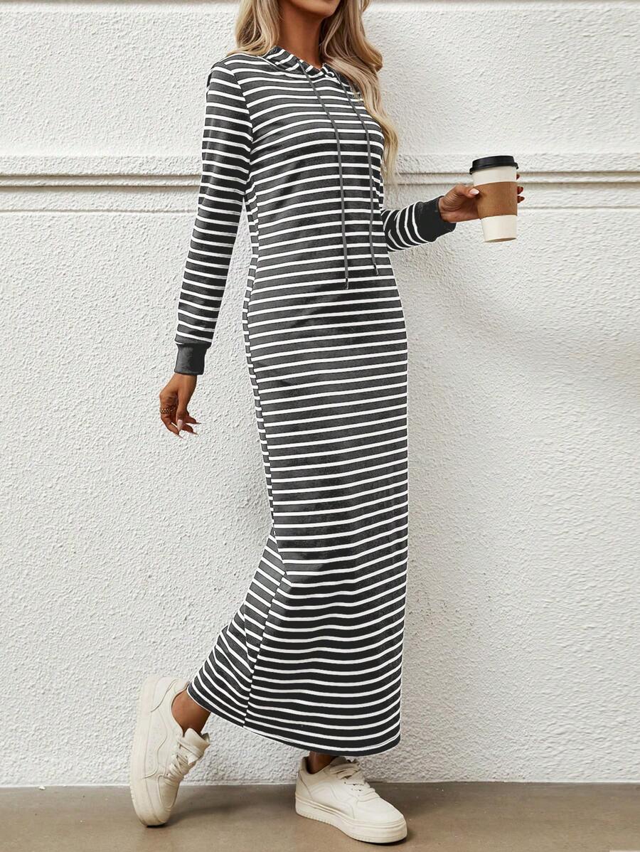 SHEIN Essnce Của phụ nữ Sọc Dây rút Váy Hoodie - Màu xám đen - Xem 1