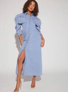 Denimoi Puff Sleeve Button Front Denim Dress - Blue - View 1