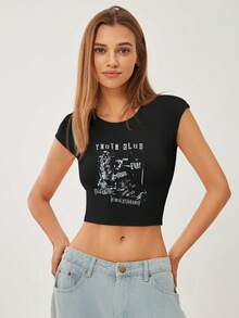 SHEIN EZwear 女性用帶印花袖子的短身t恤 - 黑色 - 查看 4