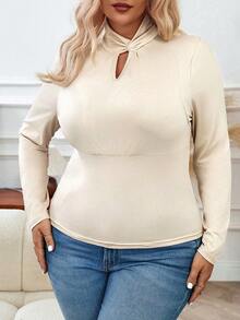 Calvaya Kích thước lớn Của phụ nữ Tay áo dài Áo thun Với Đường viền lỗ khóa - Màu be - Xem 5