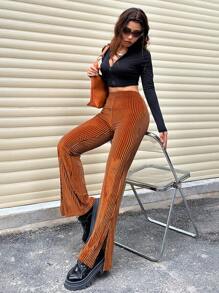 SHEIN Unity High Waisted Flared Corduroy Pants - Burnt Orange - View 3