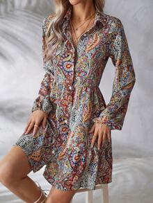 SHEIN Clasi Paisley In Tay áo lồng đèn Đầm - Đỏ - Xem 5