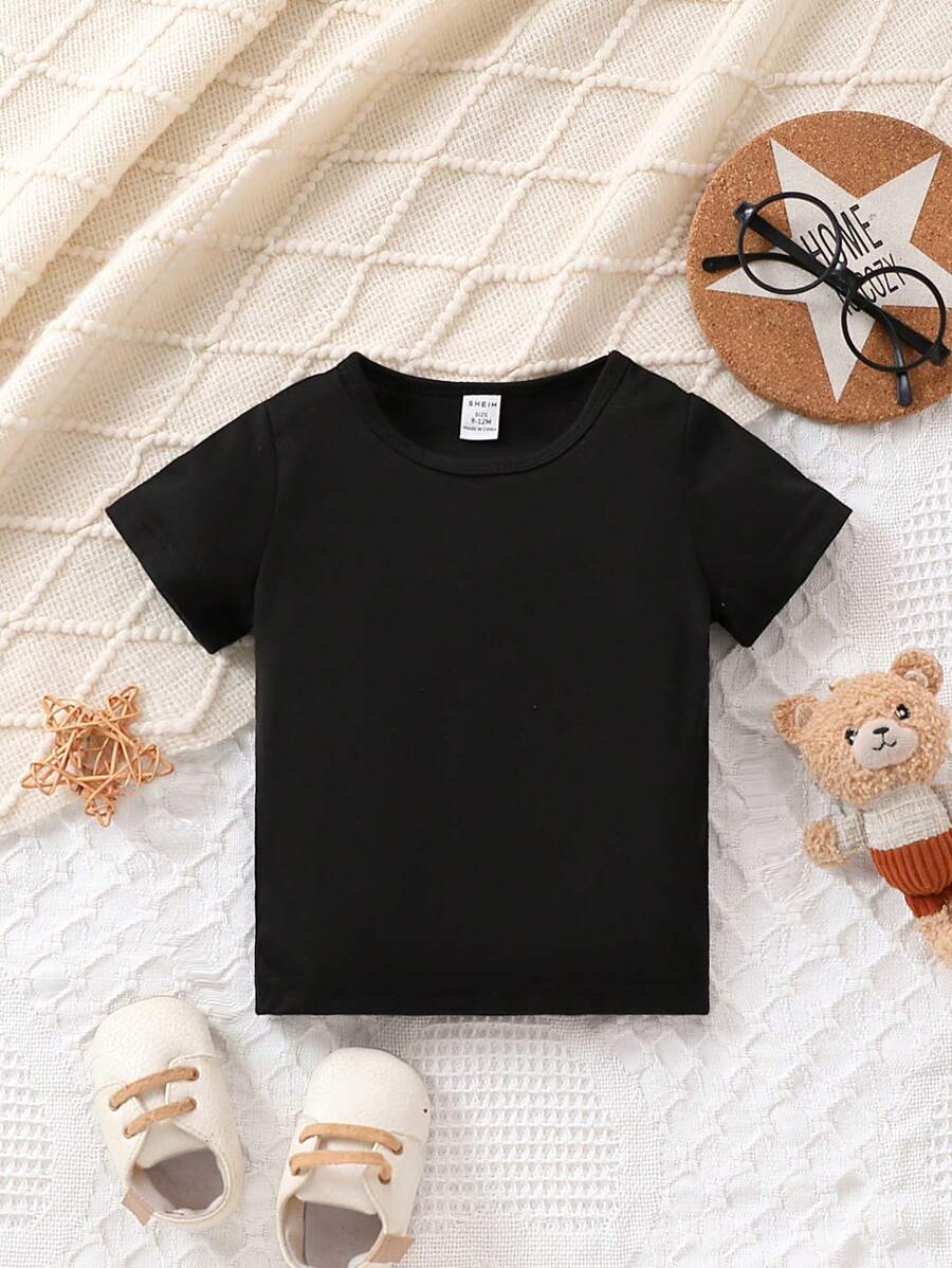 SHEIN Baby Boys' Casual Solid Color Round Neck Short Sleeve Top - Black - View 1