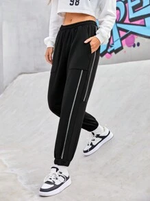 Street Sport Của phụ nữ Eo đàn hồi Paneled Đường may bên Có chân Theo dõi Quần - màu đen - Xem 4