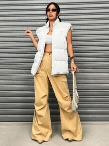 SHEIN EZwear Shearling Spliced Down Vest - White - View 4