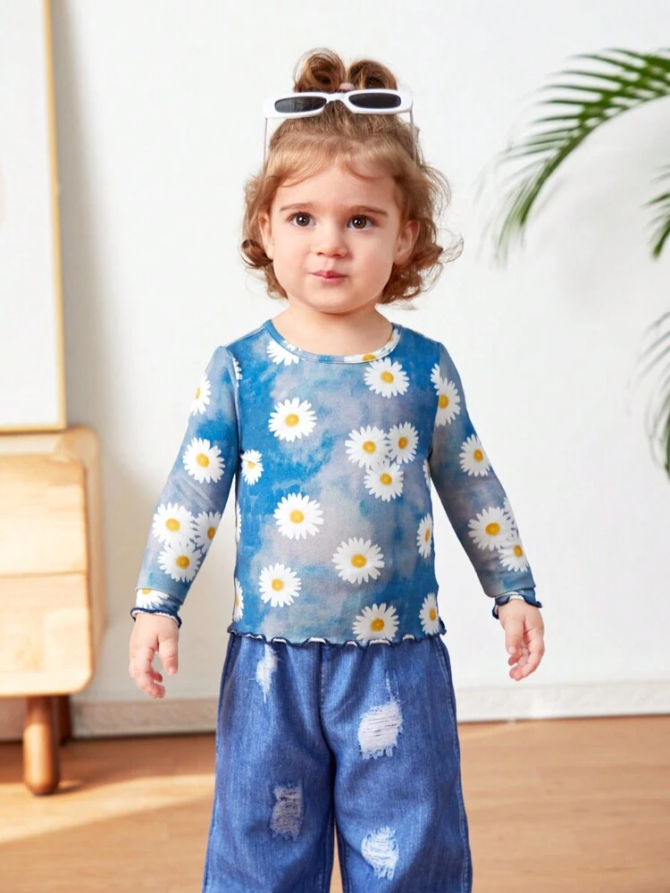Baby Girl Knitted Flower & Tie-Dye Pattern Long Sleeve Top And Pants Set