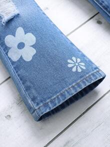 Toddler Girls' Distressed Floral Print Wide Leg Jeans - Medium Wash - View 3