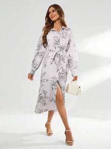 Aveloria Women's Floral Print Long Sleeve Belted Dress