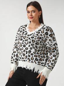 SHEIN Unity Plus Size Women's Leopard Print Hem Distressed Sweater - Multicolor - View 4