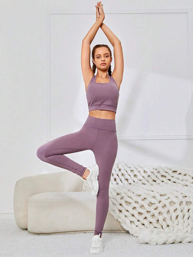 Female Teenagers' Knitted Knotted T-shirt Vest And Trousers Sports Three-piece Set