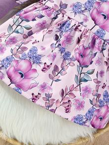 女嬰秋季花卉印花連身裙 - 紫色 - 查看 6