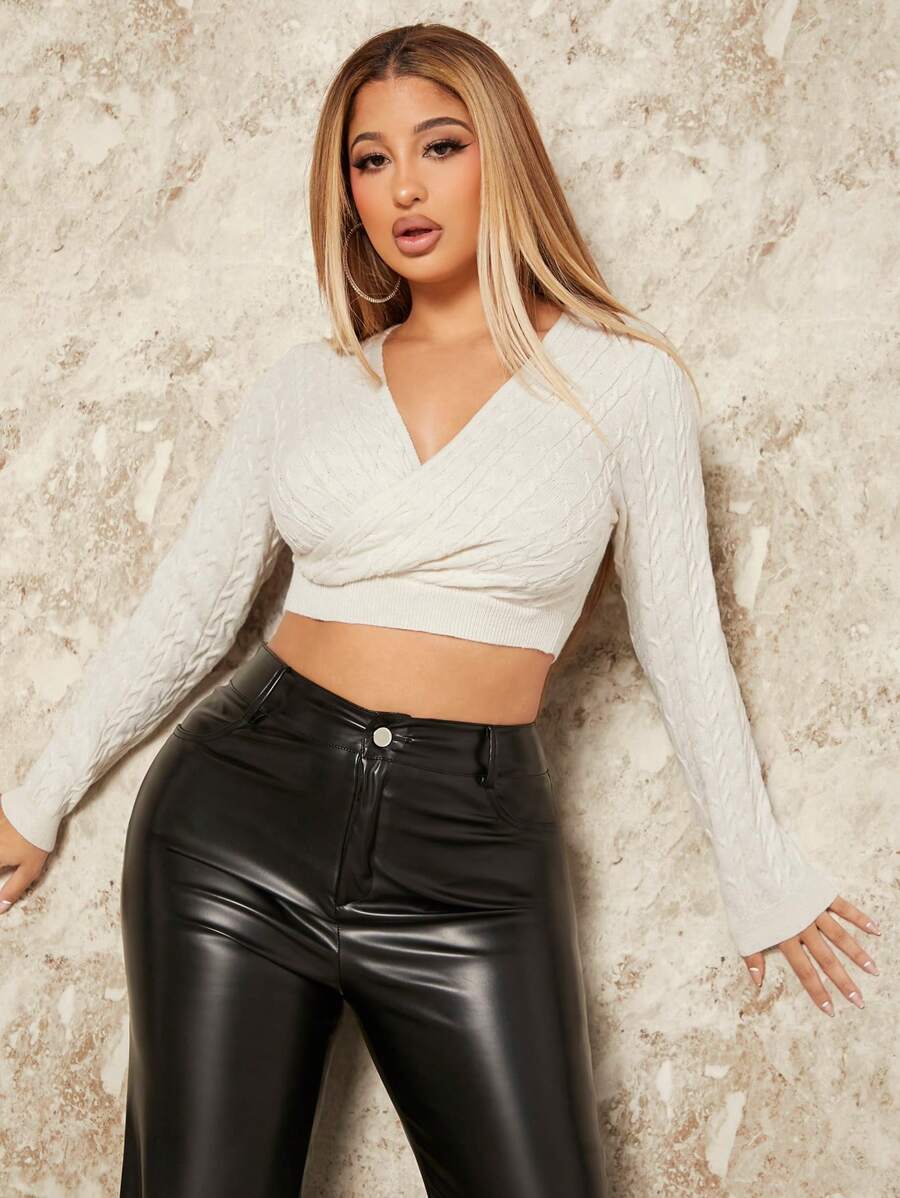 SHEIN SXY Women's Sexy V-neck Wrap Sweater - White - View 1