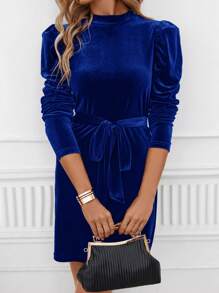 SHEIN Clasi Women's Blue V-neck Belted Dress - Royal Blue - View 4