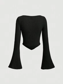 SHEIN MOD Black Bell Sleeves Drawstring Texture Women's Long Sleeve T-Shirt With Asymmetric Hemline