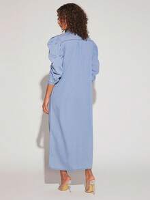 Denimoi Puff Sleeve Button Front Denim Dress - Blue - View 2