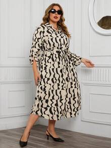 SHEIN LUNE 女款大尺寸印花扣環前捲袖連身裙 - 彩色 - 查看 7