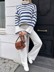 SHEIN Cottnline Striped Pattern Turtleneck Drop Shoulder Sweater & Knit Pants - Multicolor - View 6