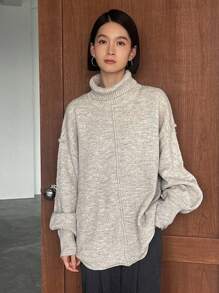 FRIFUL Women's Turtleneck Drop Shoulder Sweater - Apricot - View 6