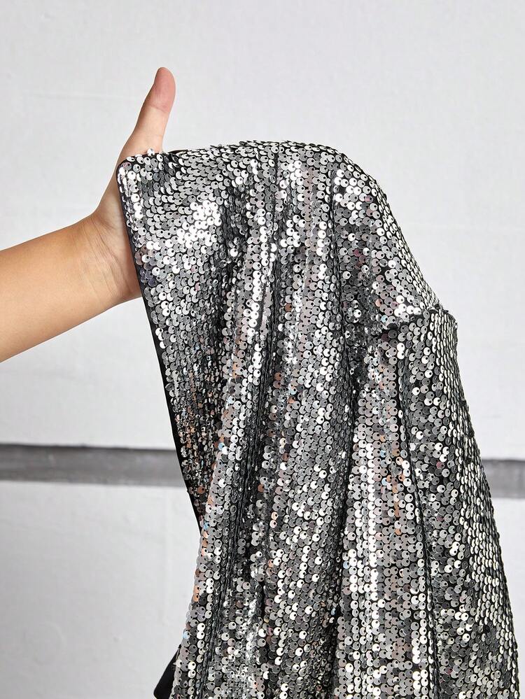 Plus Size Sequined Blazer With Fake Pocket