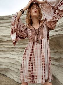 Bohemela Vestido Con Mangas Acampanadas Y Hombros Descubiertos De Diseño Tie-dye