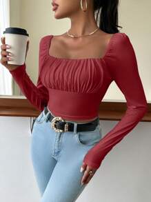 SHEIN Privé Square Neck Ruched Bust Crop White Tee - Burgundy - View 4