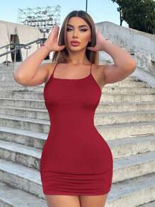 SHEIN SXY 純色交叉背掛脖連身裙 - 紅色 - 查看 4