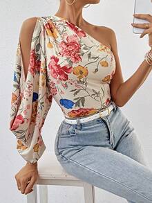 SHEIN Privé Women's Split Hem Long Sleeve Floral Printed Shirt One Shoulder Top - Apricot - View 5