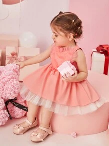 心形褶皺襞蕾絲嬰兒女裝洋裝