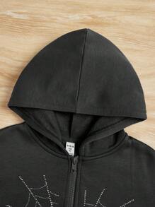 SHEIN Tween Girls' Spider Web & Rhinestone Decor Sweatshirt With Pockets And Thermal Lined - Dark Grey - View 3