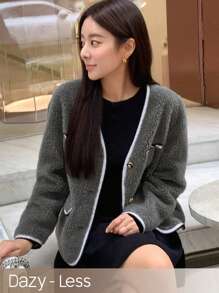 DAZY 對比色口袋前扣teddy夾克 - 灰色 - 查看 1