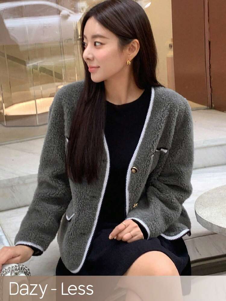 Contrast Binding Button Front Teddy Jacket