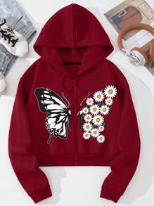 SHEIN EZwear Women's Butterfly & Chrysanthemum Printed Zipper Front Hooded Sweatshirt - Burgundy - View 1