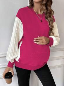 SHEIN Maternity Contrast Cable Knitted Sleeve Round Neck Sweatshirt - Hot Pink - View 5