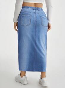 SHEIN Essnce 大尺碼休閒春夏牛仔A字裙 - 藍色 - 查看 2