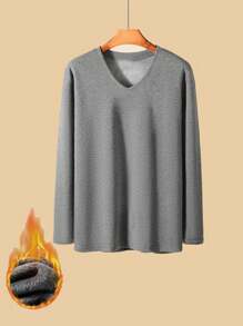 男士純色長袖保暖內衣上衣,適合休閒穿著 - 灰色 - 查看 1