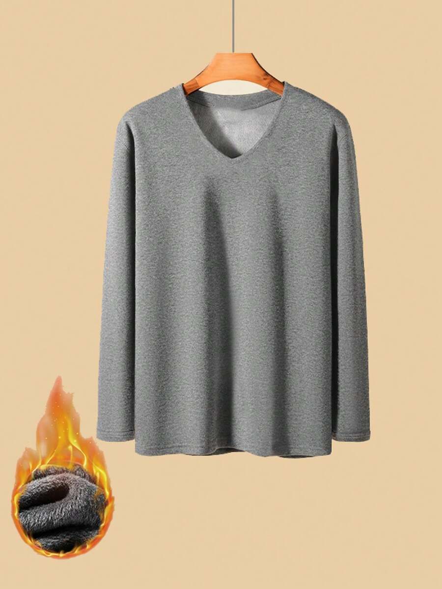 男士純色長袖保暖內衣上衣,適合休閒穿著 - 灰色 - 查看 1