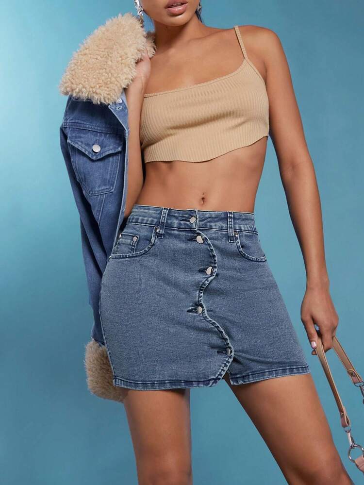 Wave Button Front Mini Denim Skirt