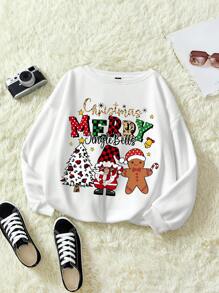 SHEIN EZwear 女性大碼聖誕老人&薑餅人印花運動衫 - 白色 - 查看 1