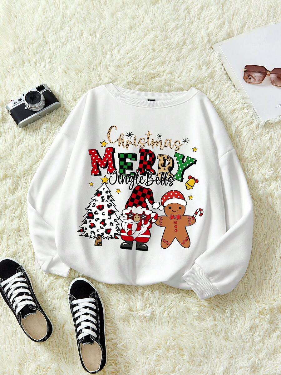 SHEIN EZwear 女性大碼聖誕老人&薑餅人印花運動衫 - 白色 - 查看 1